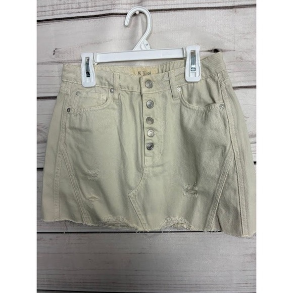 Free People Dresses & Skirts - We The Free Free People Cream Distressed Denim Mini Skirt Button Fly Size 27